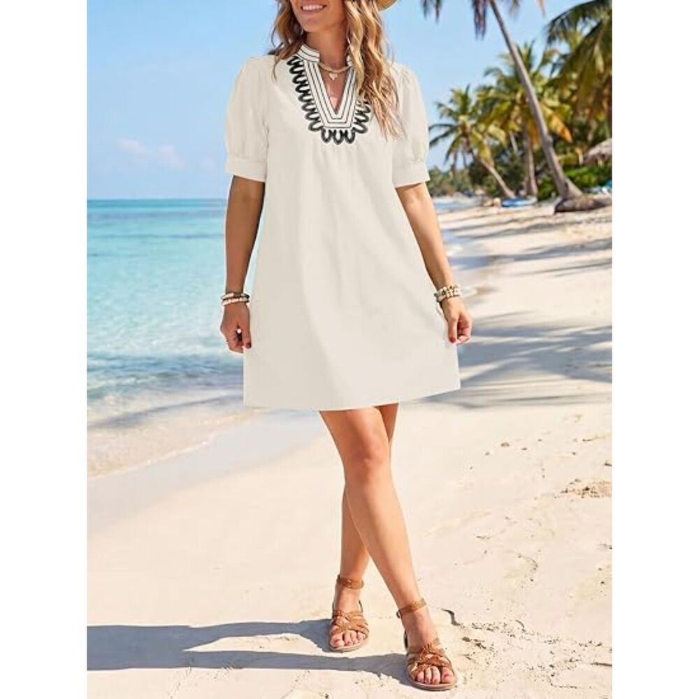 Women's Beige V Neck A Line Short Sleeve A Line  Embroidered Boho Short Dress - Picture 4 of 5